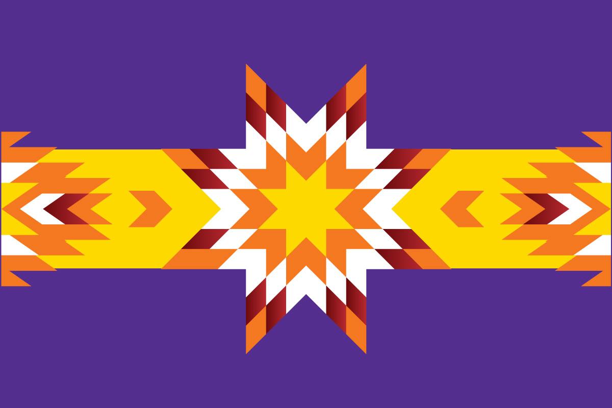 Purple background with yellow, orange and white tribal print on top.